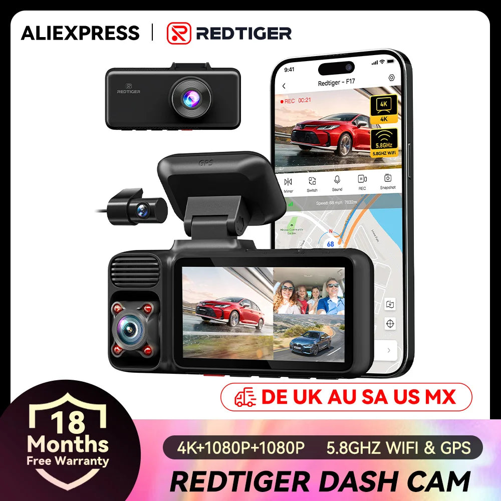 F17 4K Dash Cam – Triple Car Camera with Built-in GPS, 5.8GHz WiFi, IR Night Vision, WDR & DVR Recording