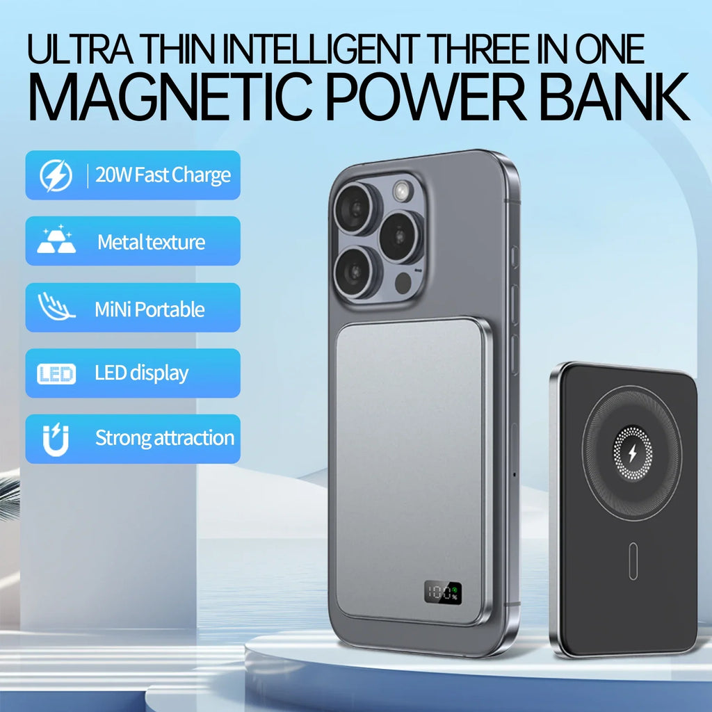 5,000mAh Magnetic Power Bank – Ultra-Slim MagSafe Wireless Portable Charger for iPhone (Grey)