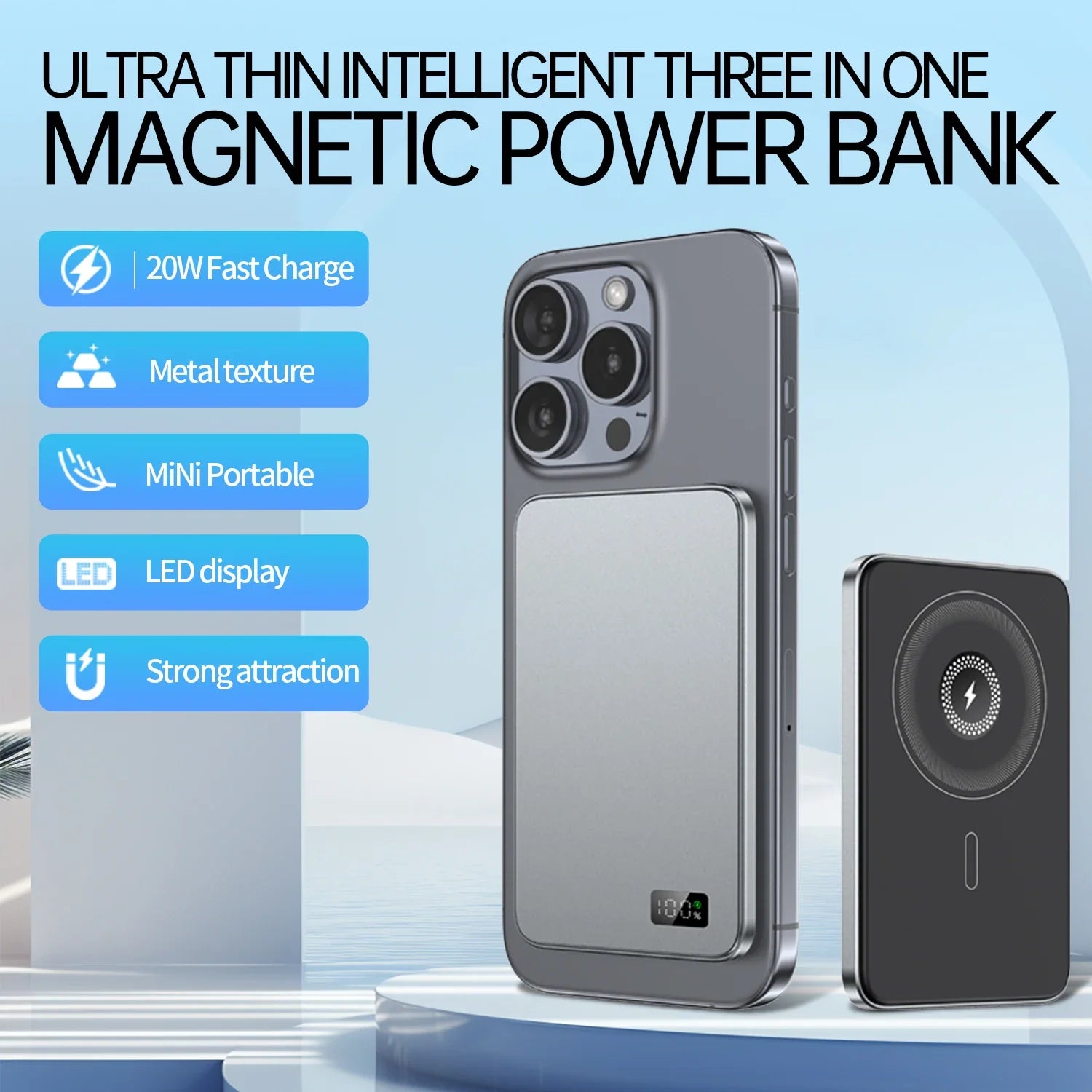 5,000mAh Magnetic Power Bank – Ultra-Slim MagSafe Wireless Portable Charger for iPhone (Grey)