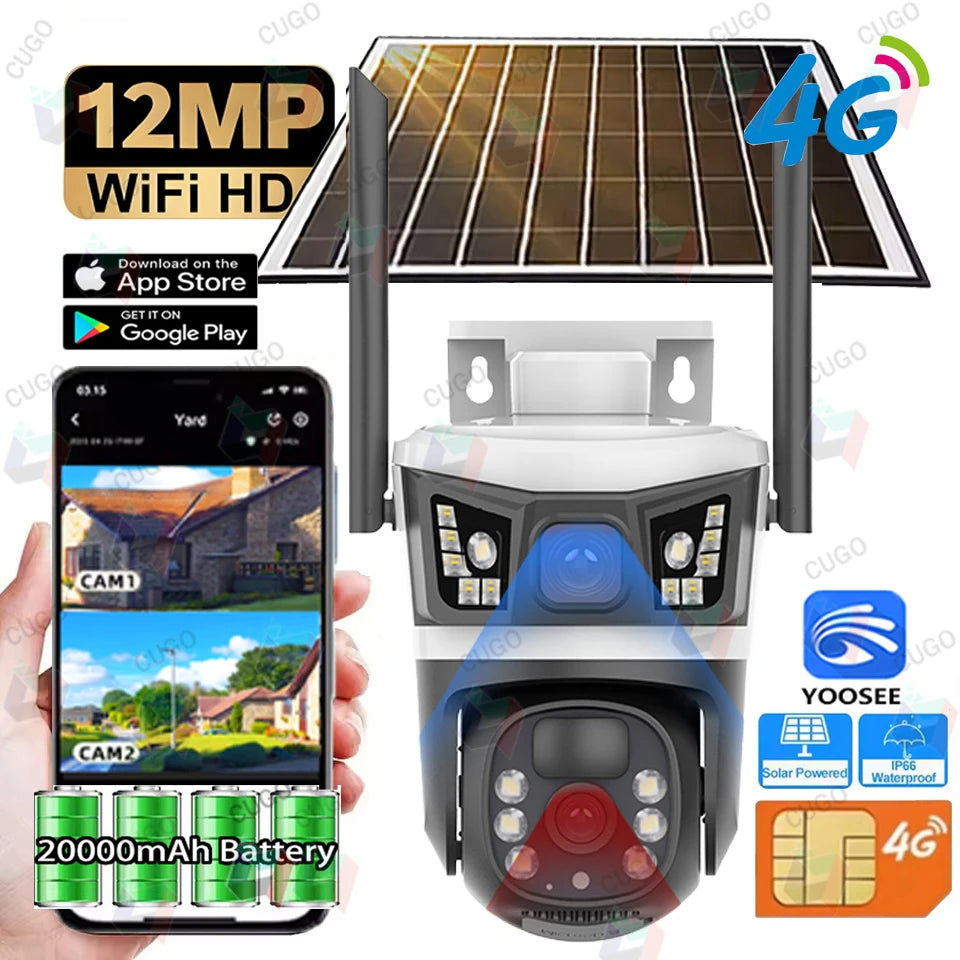 12MP 6K Solar Security Cameras Outdoors 4G SIM Card Wireless IP Camera Waterproof PIR Color Night Vision CCTV Cameras YOOSEE