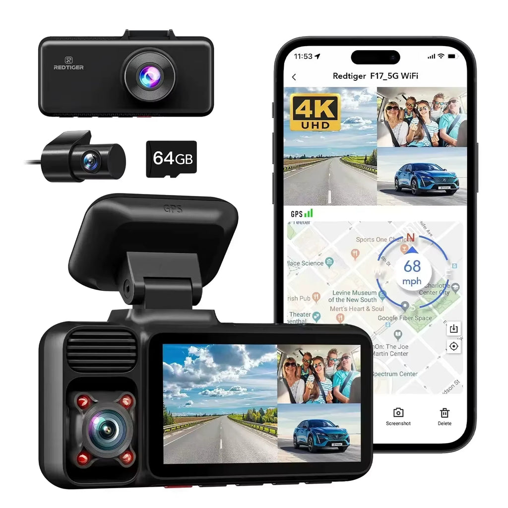 F17 4K Dash Cam – Triple Car Camera with Built-in GPS, 5.8GHz WiFi, IR Night Vision, WDR & DVR Recording