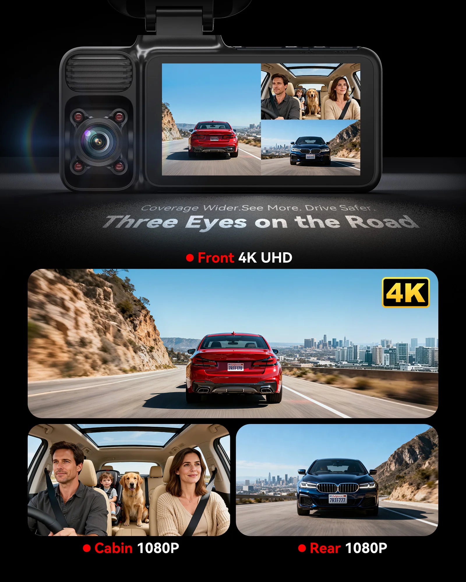 F17 4K Dash Cam – Triple Car Camera with Built-in GPS, 5.8GHz WiFi, IR Night Vision, WDR & DVR Recording