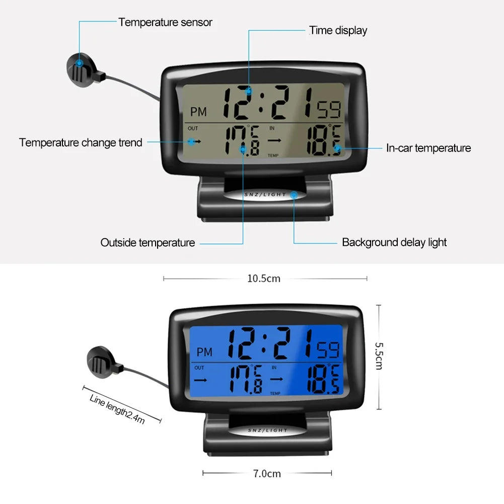 Digital Car Thermometer & Alarm Clock with Backlight
