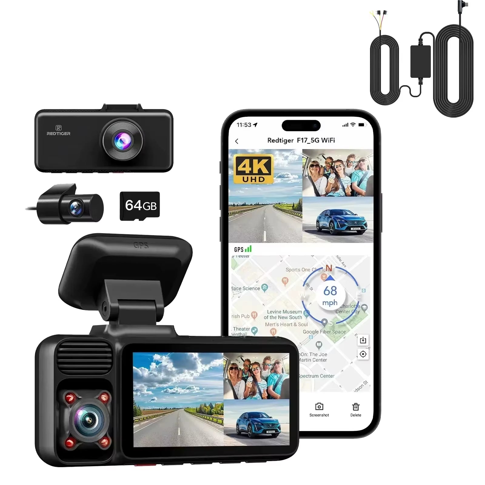 F17 4K Dash Cam – Triple Car Camera with Built-in GPS, 5.8GHz WiFi, IR Night Vision, WDR & DVR Recording